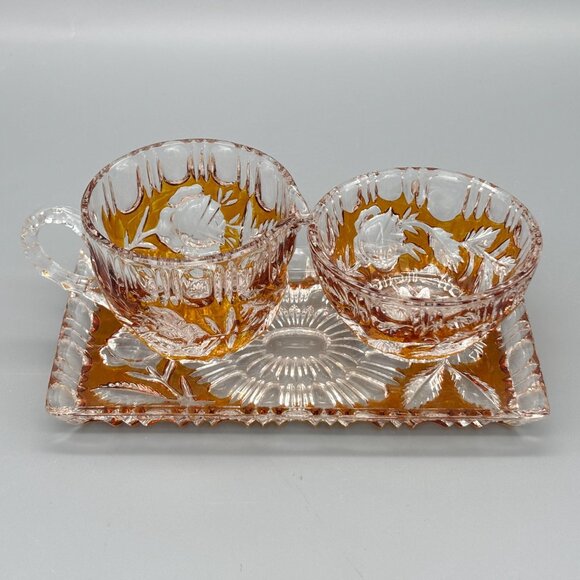 Walther Glas Germany Amber Etched Glass Cream and Sugar Set with Tray - Picture 5 of 8
